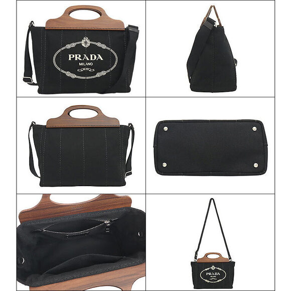 Prada Tote Bag Nero Black Canapa Silkscreen Logo Legno Handbag Crossbody - Picture 2 of 4